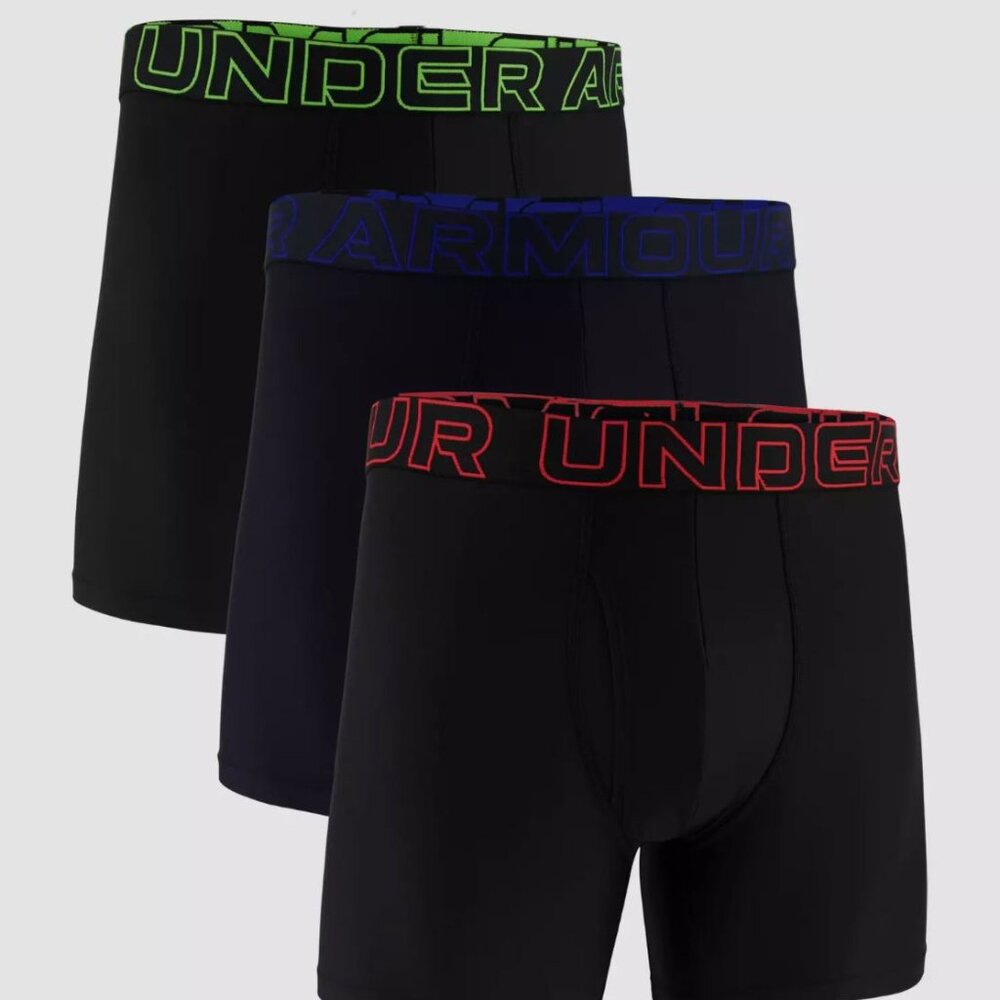 Under Armour 3 Pack 6" Performance Boxerjock Three Boxer Briefs Black Green Blue